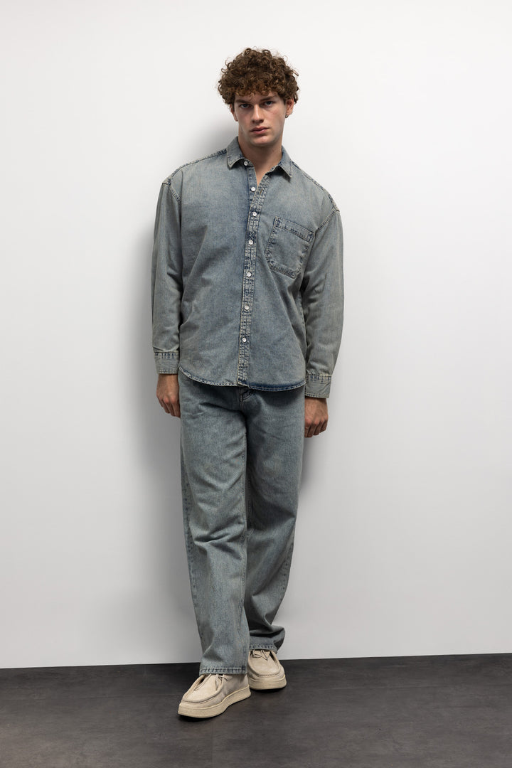 Giesto Chemise en denim à poche unique - Bleu