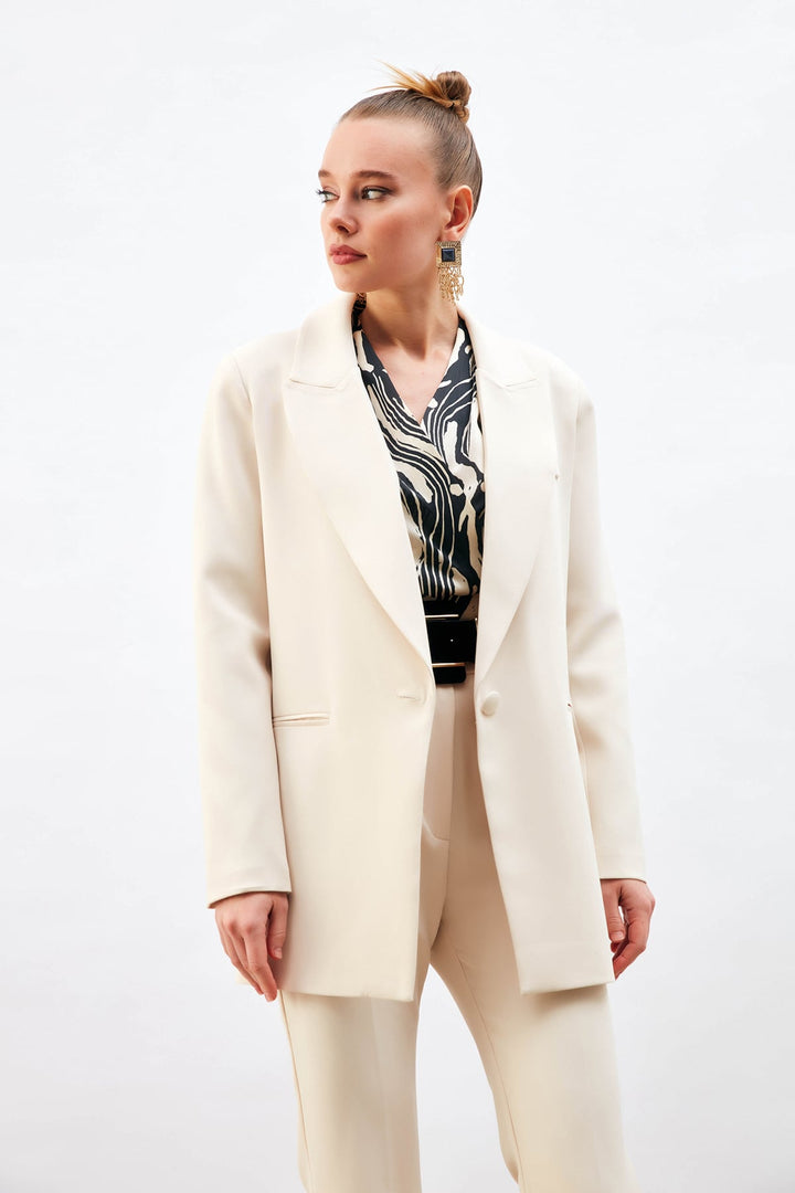 Sateen Veste Ample à Bouton Unique - Beige