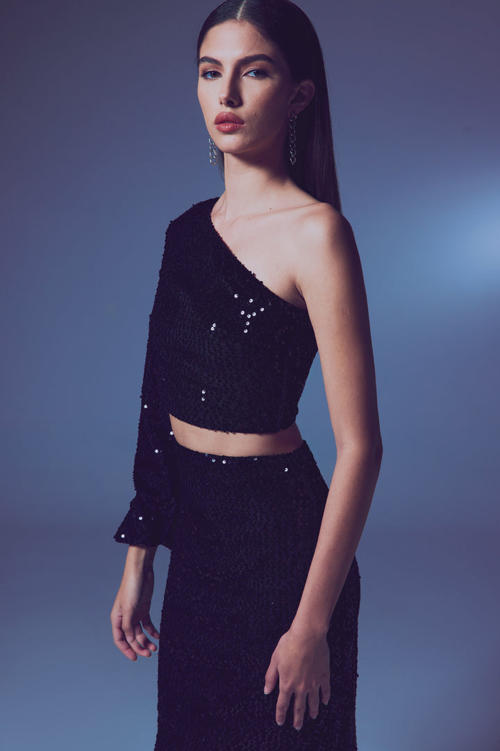 Sateen Top Crop À Une Épaule - Noir