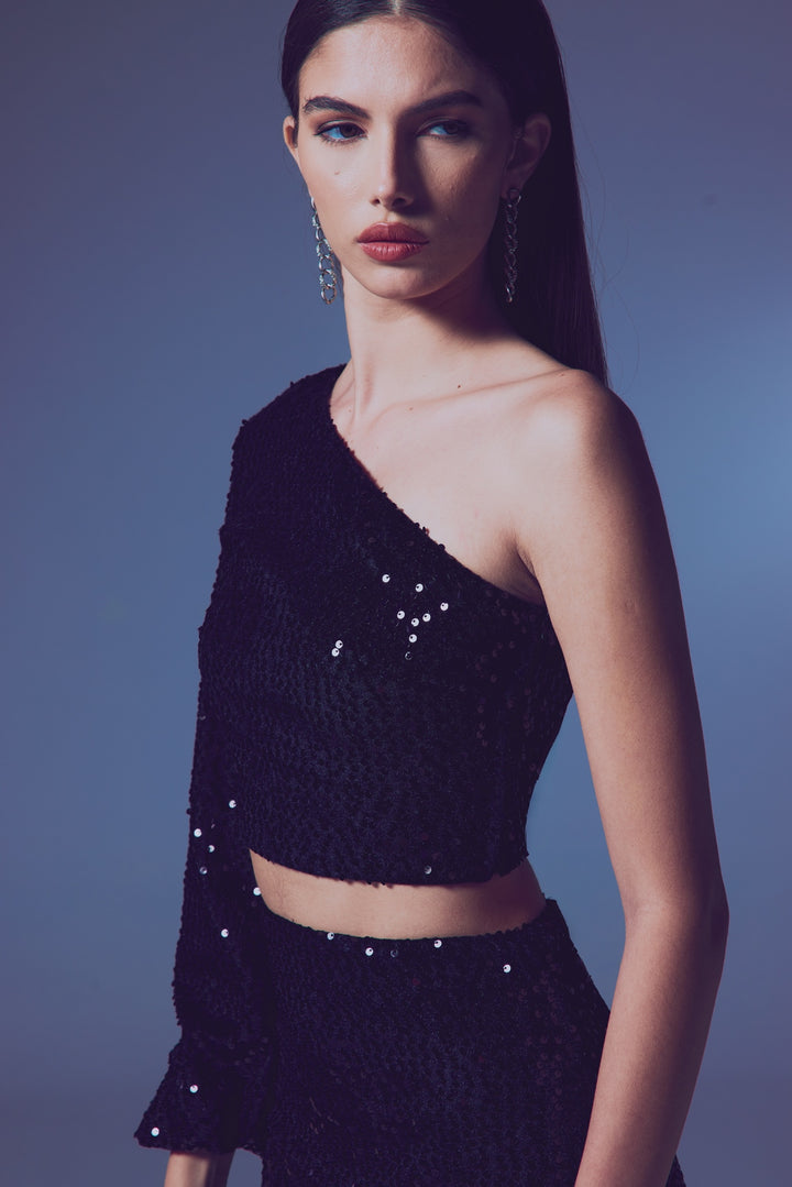 Sateen Top Crop À Une Épaule - Noir