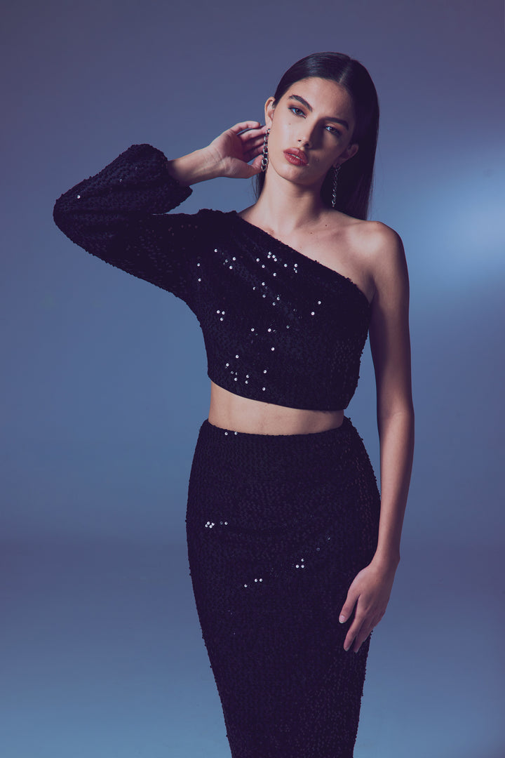 Sateen Top Crop À Une Épaule - Noir