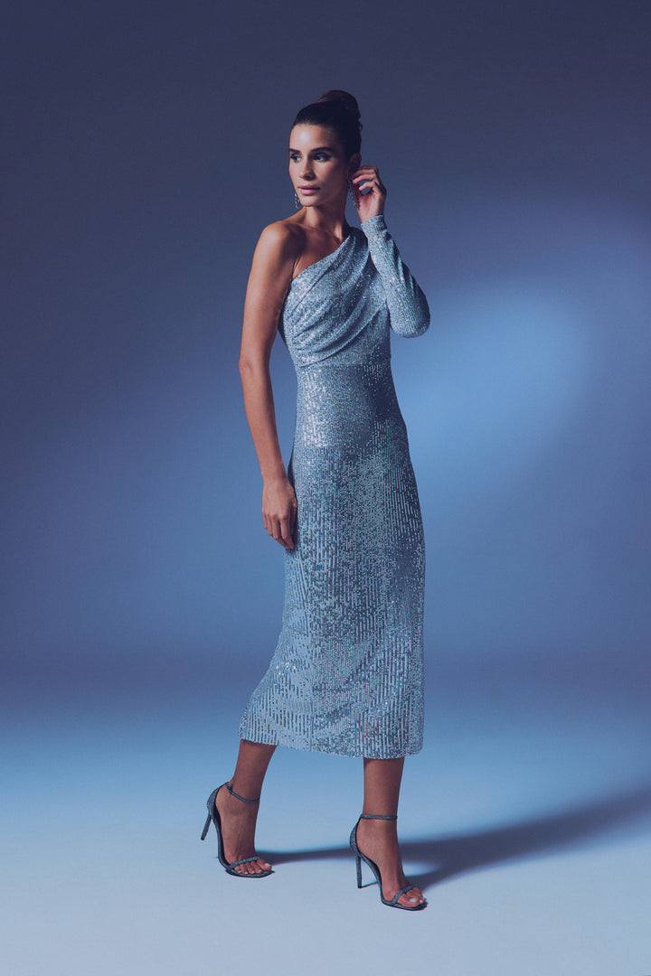 Sateen Robe à paillettes à une épaule - Argent