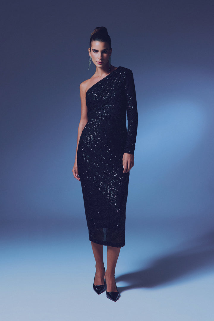 Sateen Robe à paillettes à une épaule - Noir