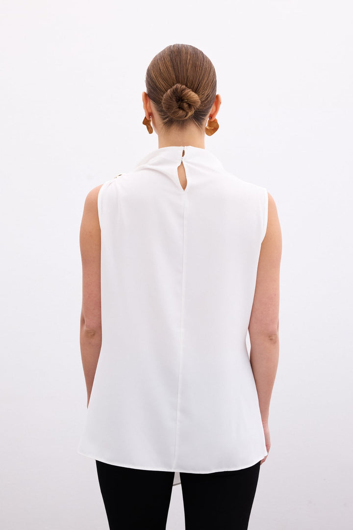 Sateen Blouse à Épaule Dénudée avec Accessoires - Écru