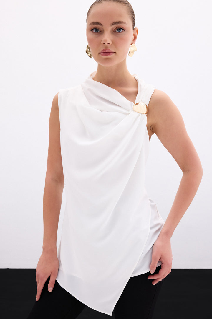 Sateen Blouse à Épaule Dénudée avec Accessoires - Écru