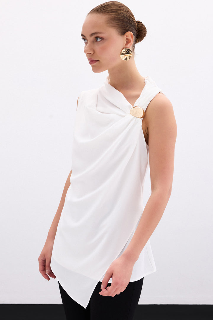 Sateen Blouse à Épaule Dénudée avec Accessoires - Écru