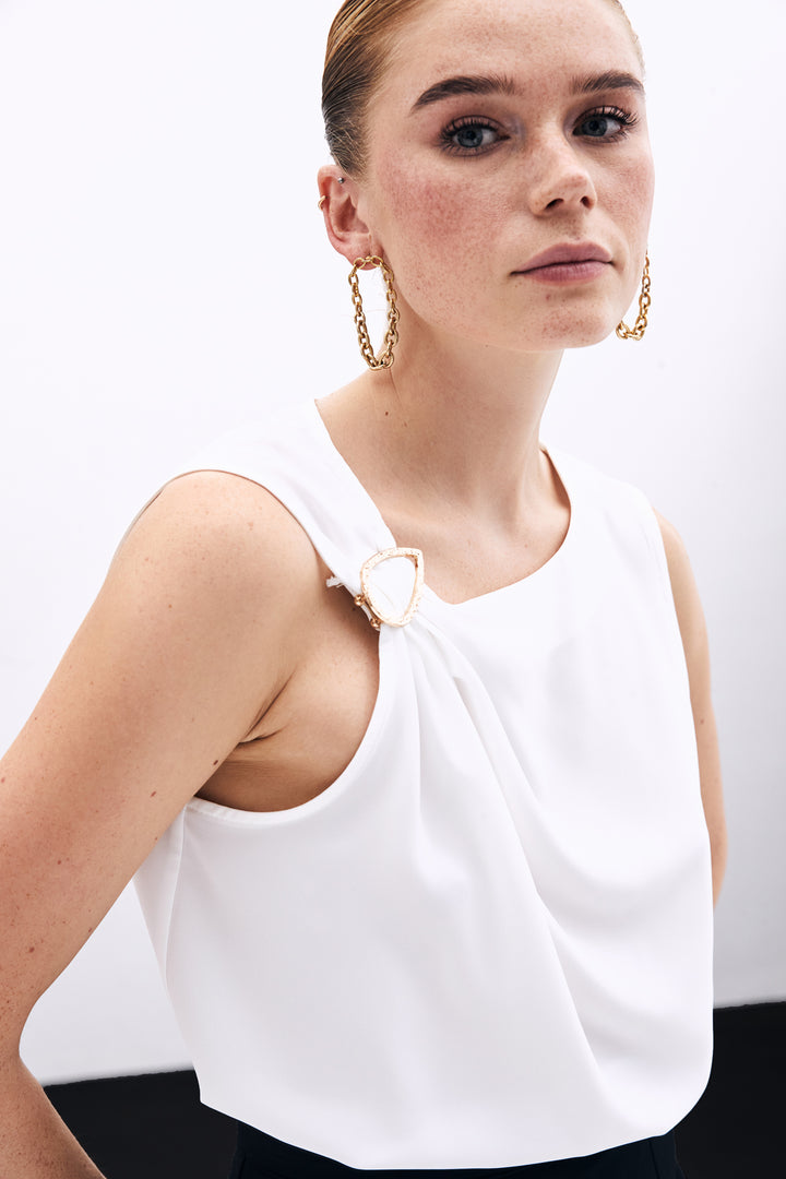 Sateen Blouse à Épaule Unique - Écru