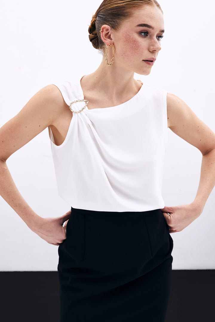 Sateen Blouse à Épaule Unique - Écru