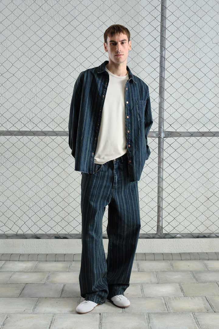 Giesto Chemise en denim bleu marine à rayures teintées - Bleu marine