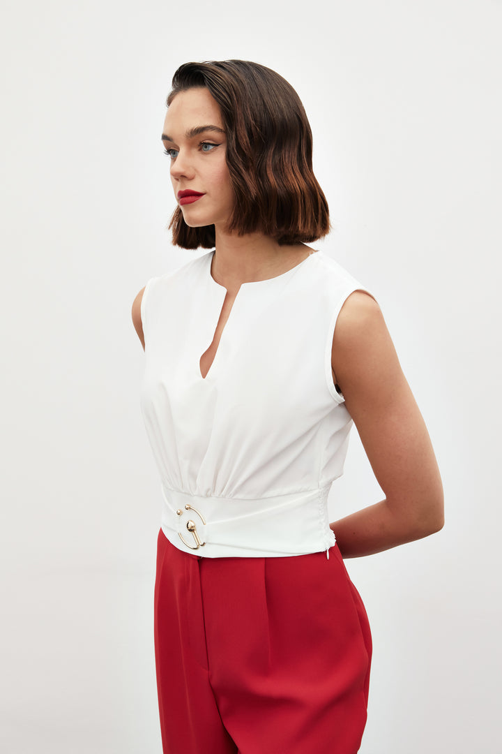Sateen Blouse sans manches avec détail de boucle - Écru