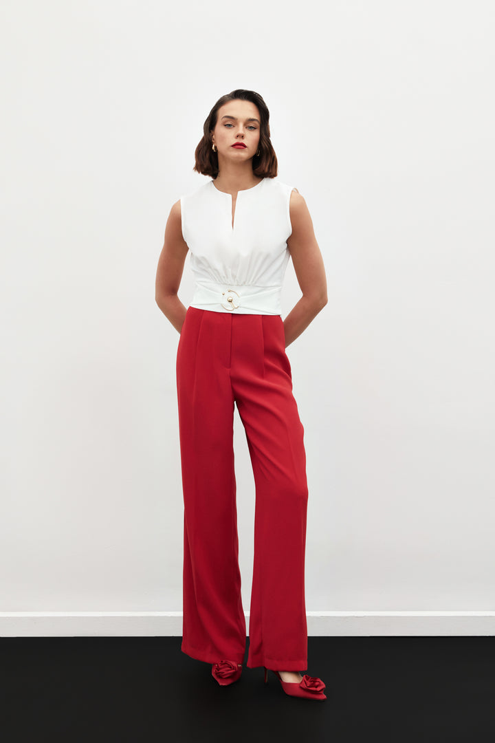 Sateen Blouse sans manches avec détail de boucle - Écru