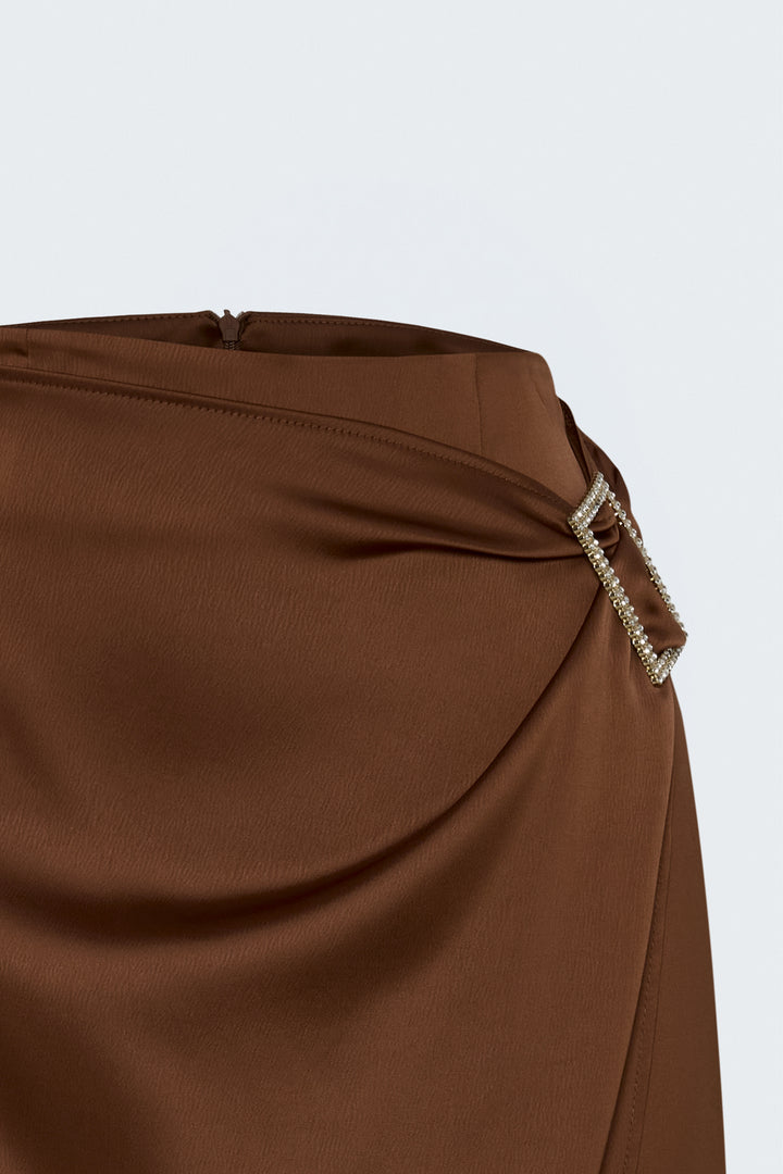 Sateen Jupe en satin avec détails de boucle - Clair Marron