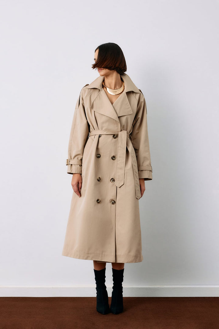 Sateen Trench avec Détails de Boucle - Beige