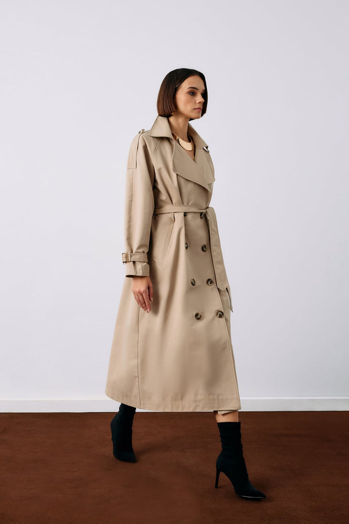 Sateen Trench avec Détails de Boucle - Beige