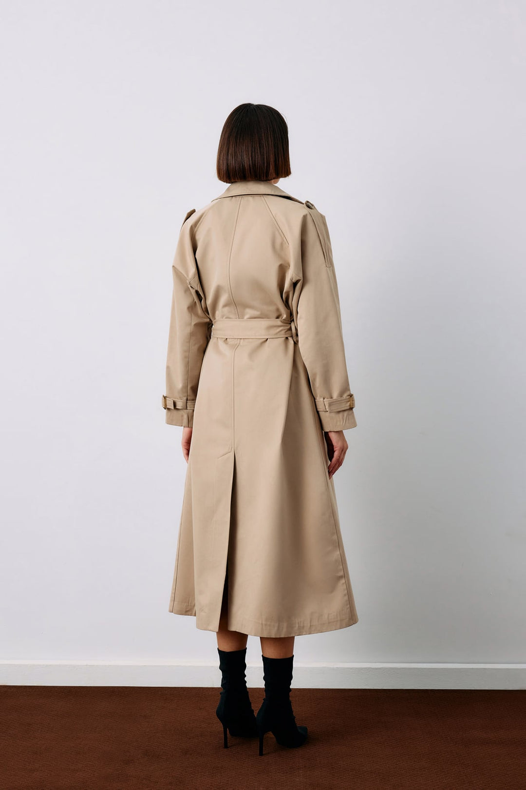 Sateen Trench avec Détails de Boucle - Beige