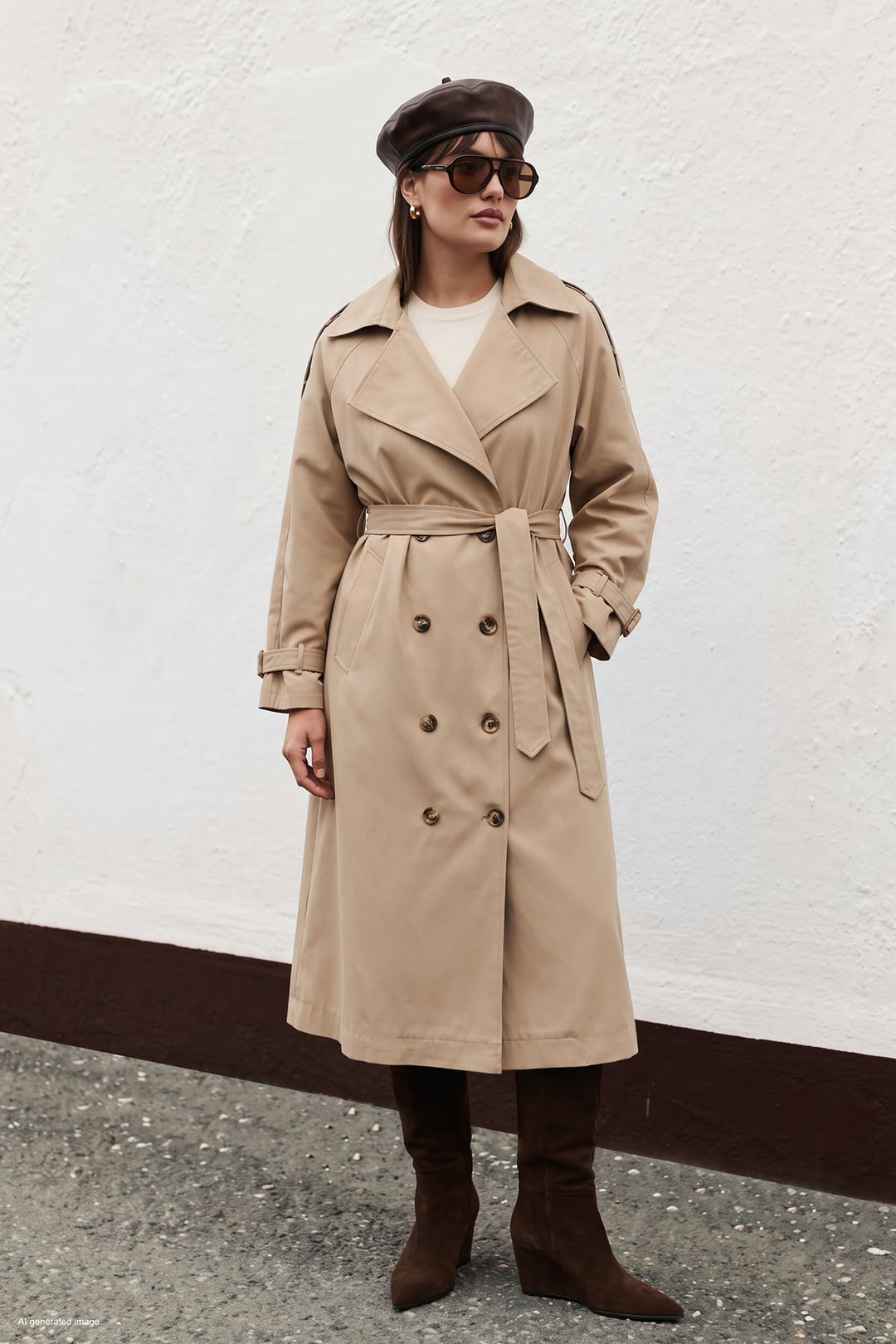 Sateen Trench avec Détails de Boucle - Beige