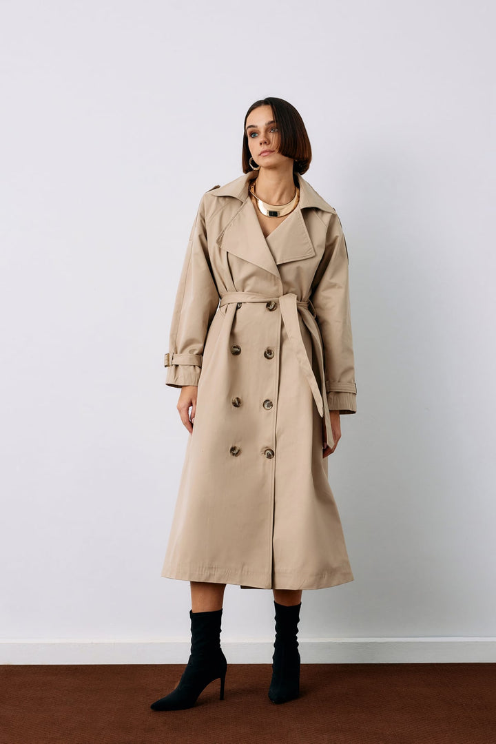 Sateen Trench avec Détails de Boucle - Beige