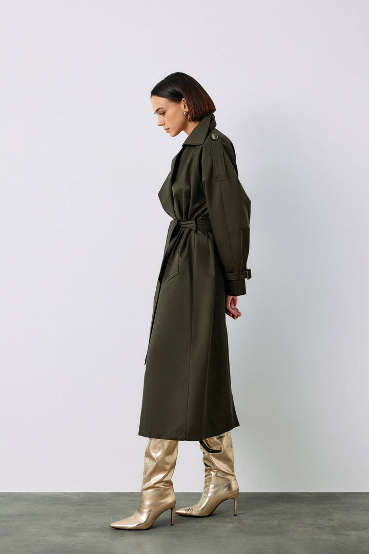 Sateen Trench avec Détails de Boucle - Kaki