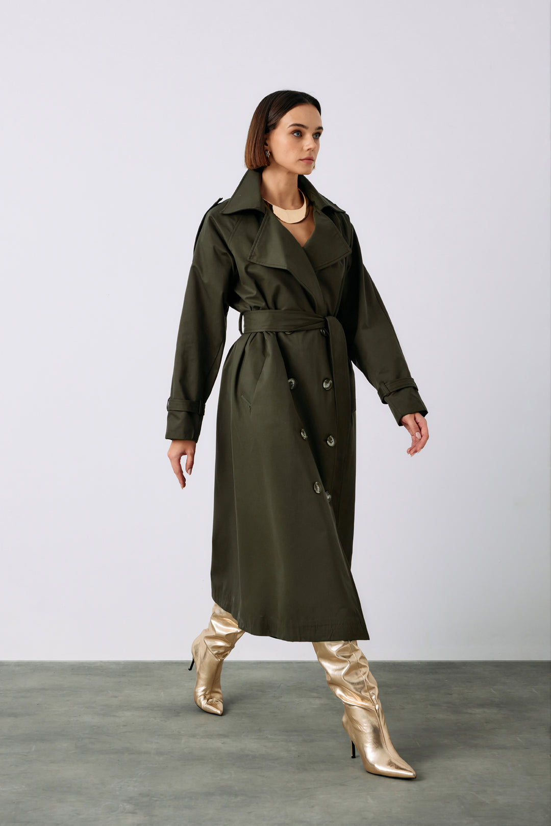 Sateen Trench avec Détails de Boucle - Kaki