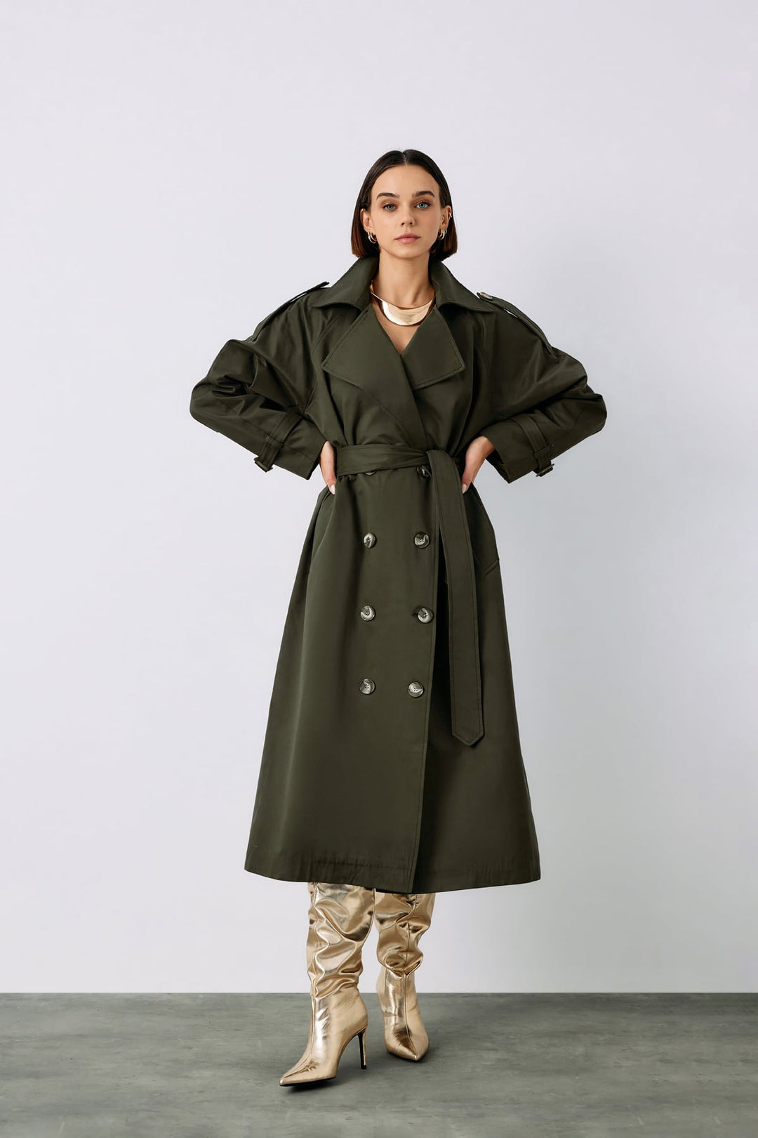 Sateen Trench avec Détails de Boucle - Kaki