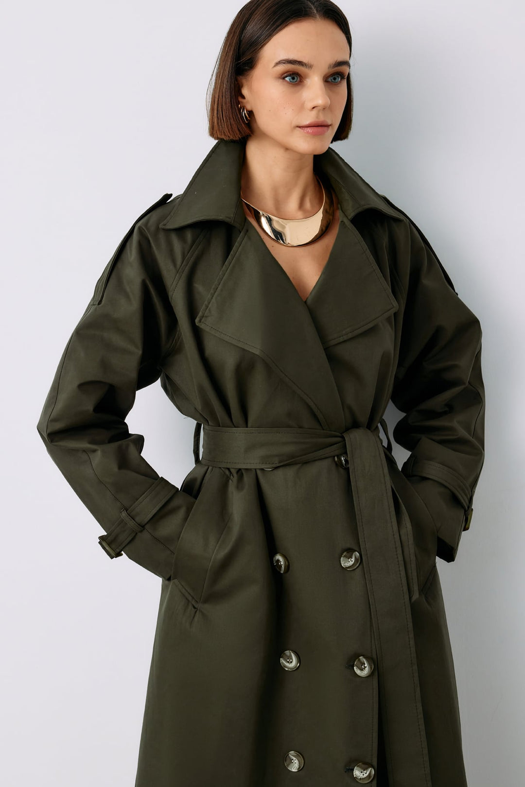 Sateen Trench avec Détails de Boucle - Kaki
