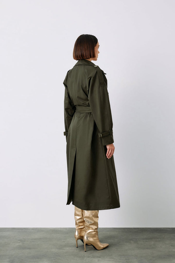 Sateen Trench avec Détails de Boucle - Kaki