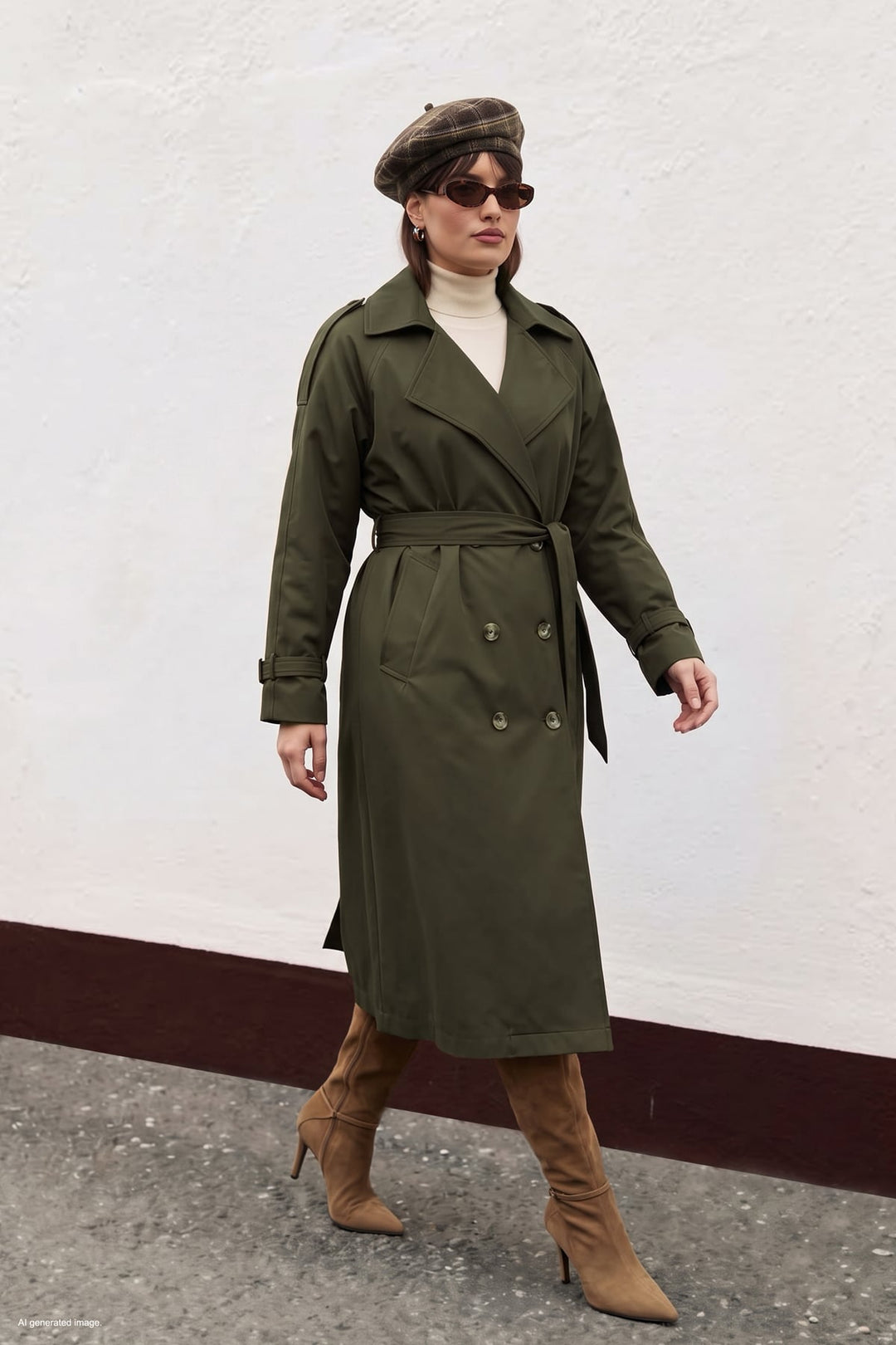 Sateen Trench avec Détails de Boucle - Kaki