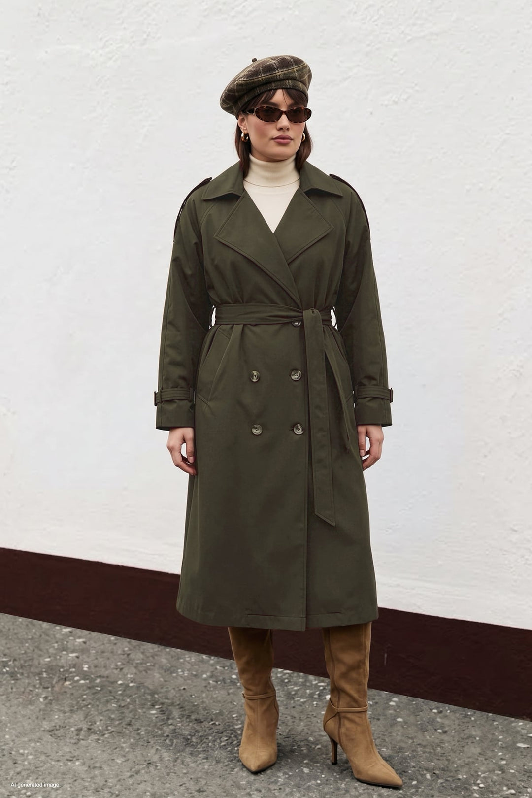 Sateen Trench avec Détails de Boucle - Kaki