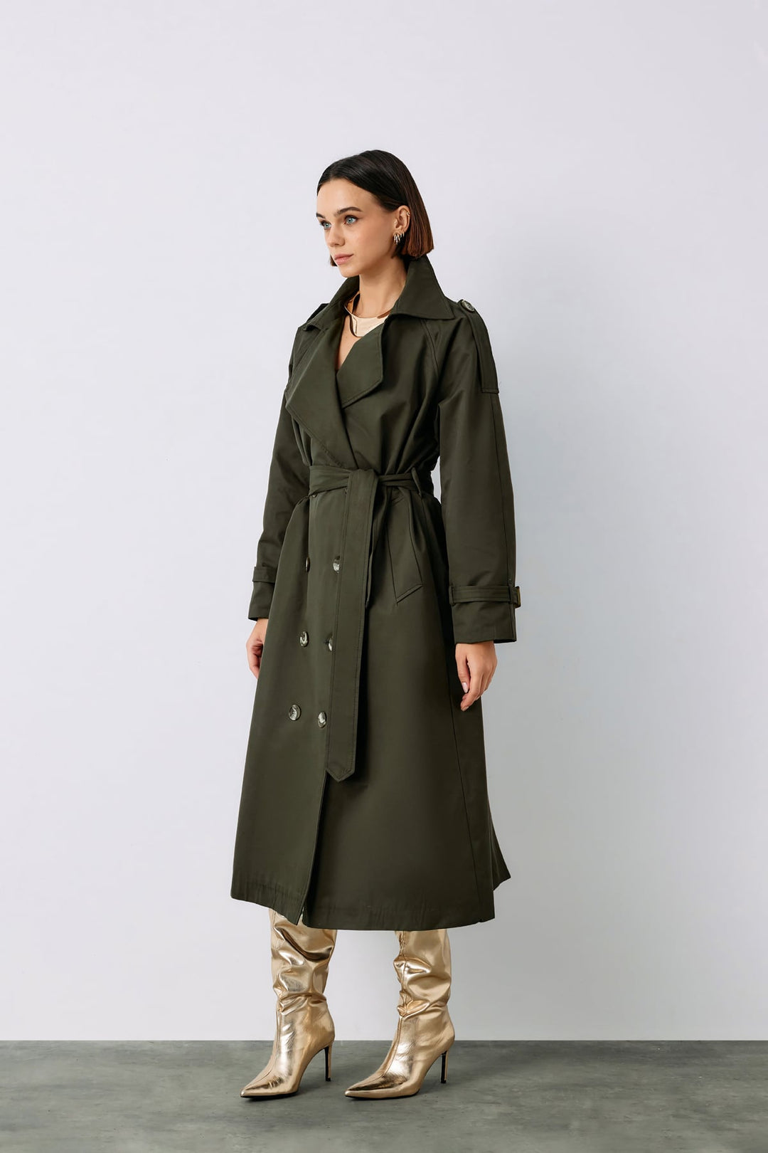 Sateen Trench avec Détails de Boucle - Kaki