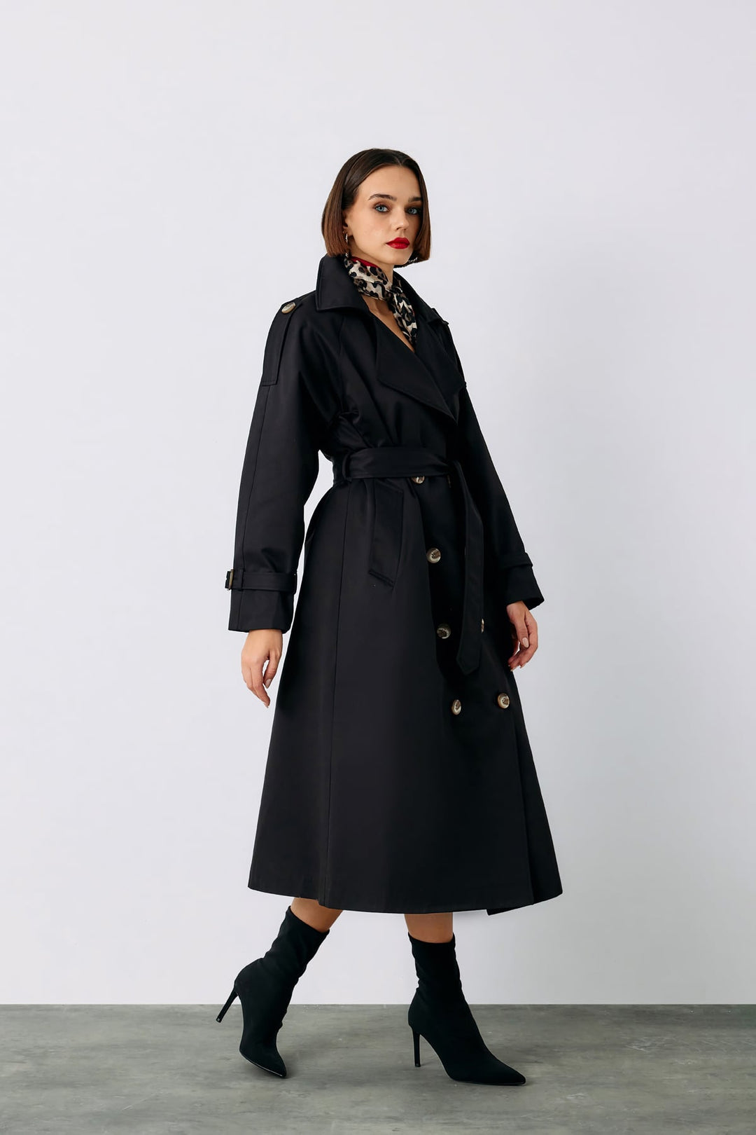 Sateen Trench avec Détails de Boucle - Noir