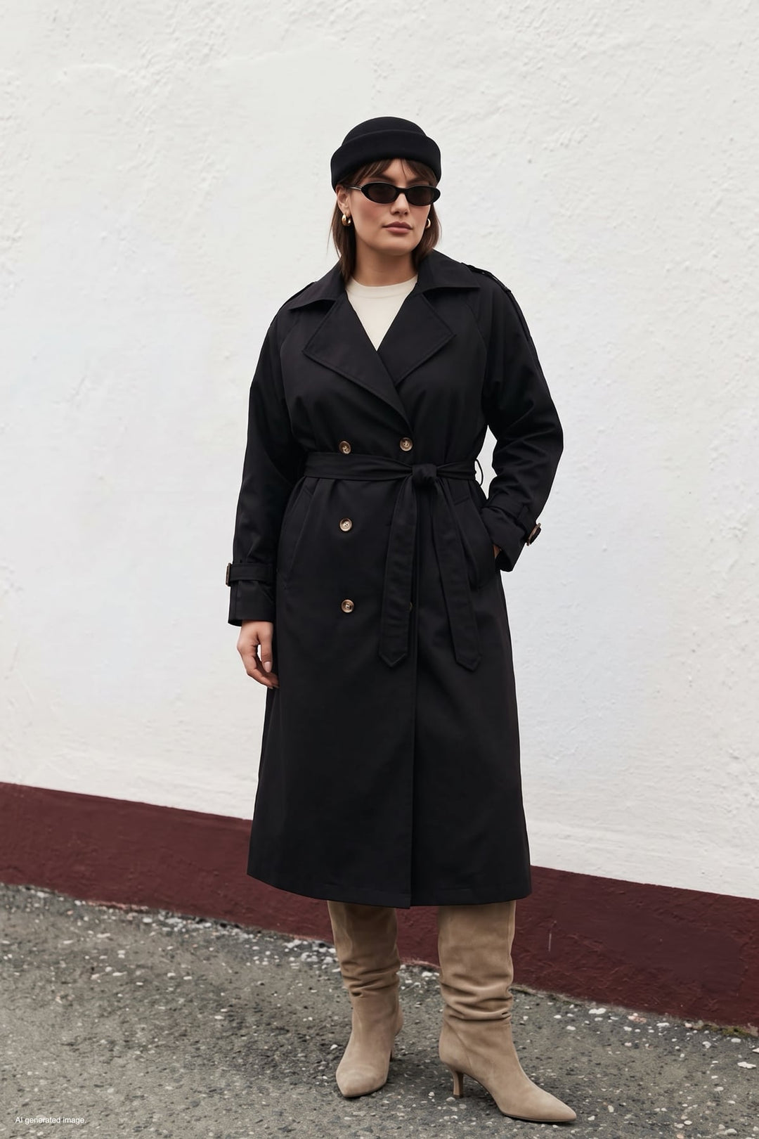 Sateen Trench avec Détails de Boucle - Noir