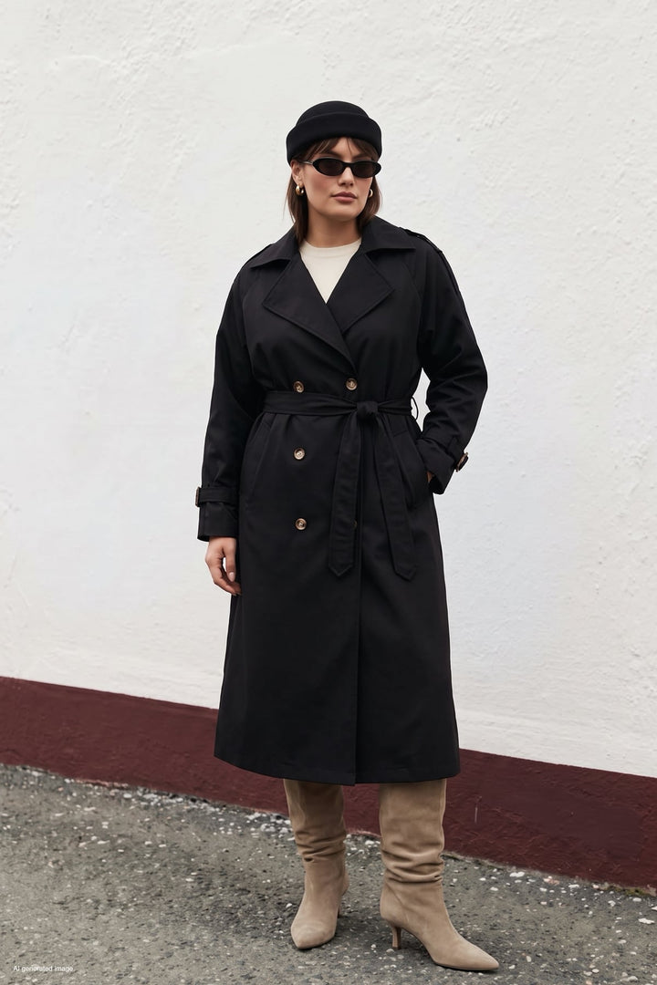 Sateen Trench avec Détails de Boucle - Noir