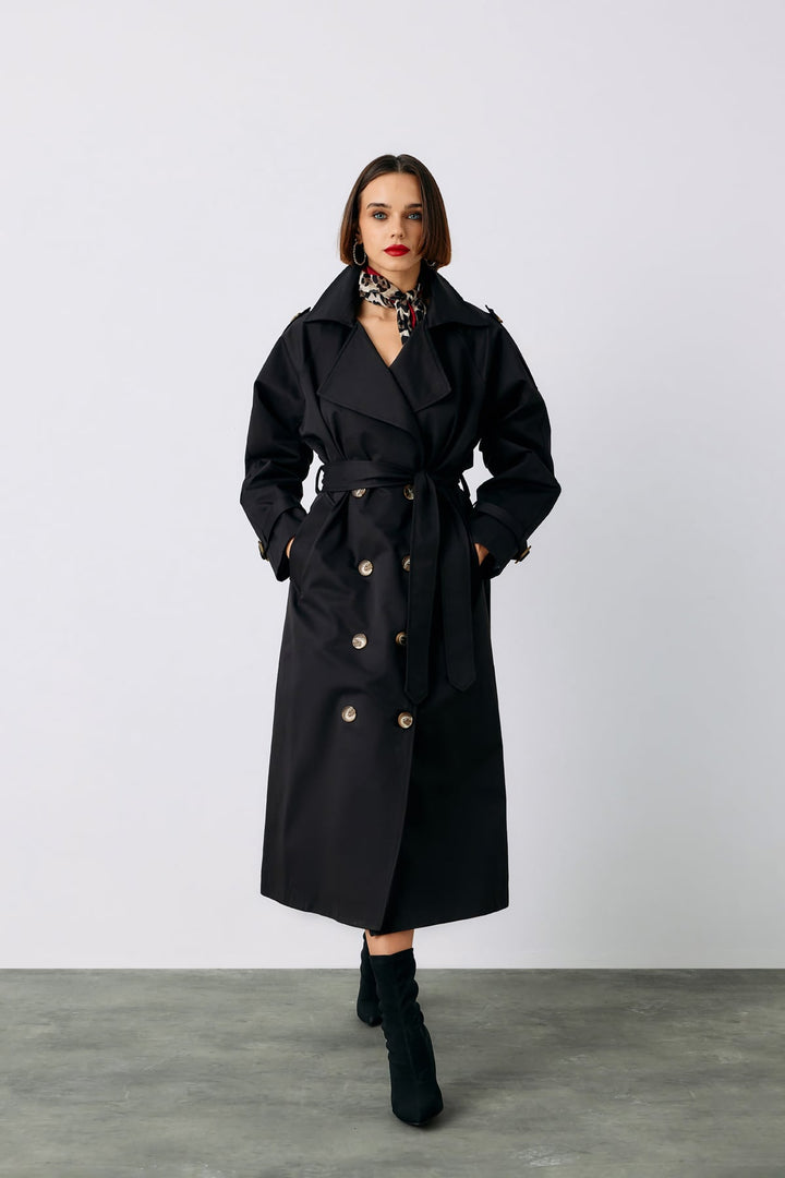 Sateen Trench avec Détails de Boucle - Noir