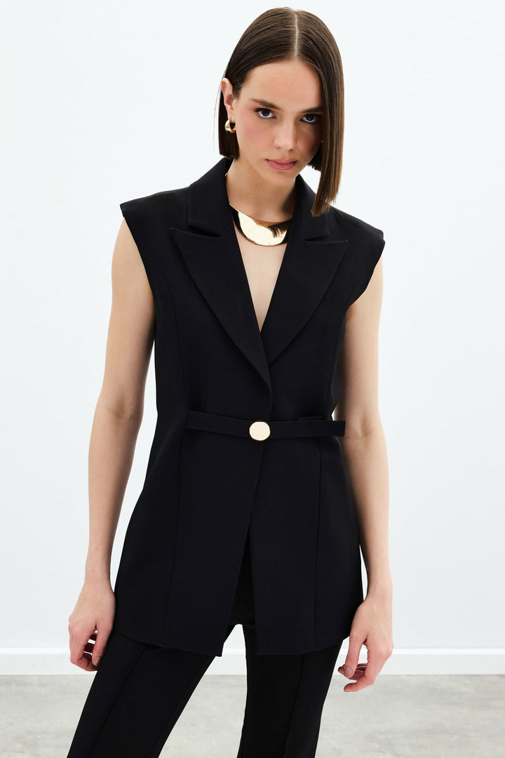 Sateen Gilet Long avec Détails de Boucle - Noir