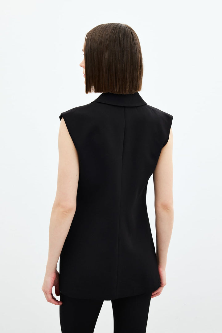 Sateen Gilet Long avec Détails de Boucle - Noir