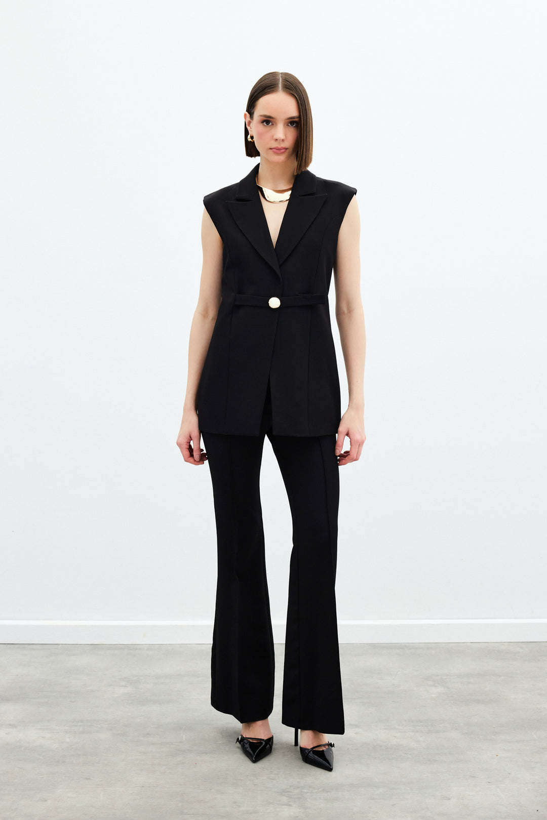 Sateen Gilet Long avec Détails de Boucle - Noir