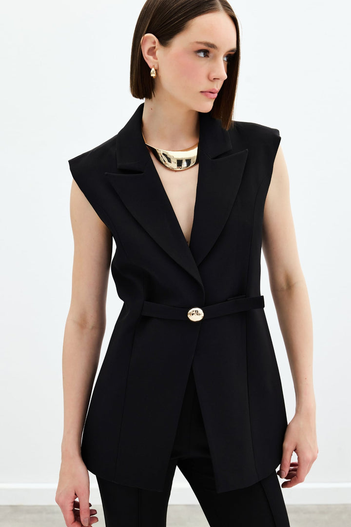 Sateen Gilet Long avec Détails de Boucle - Noir