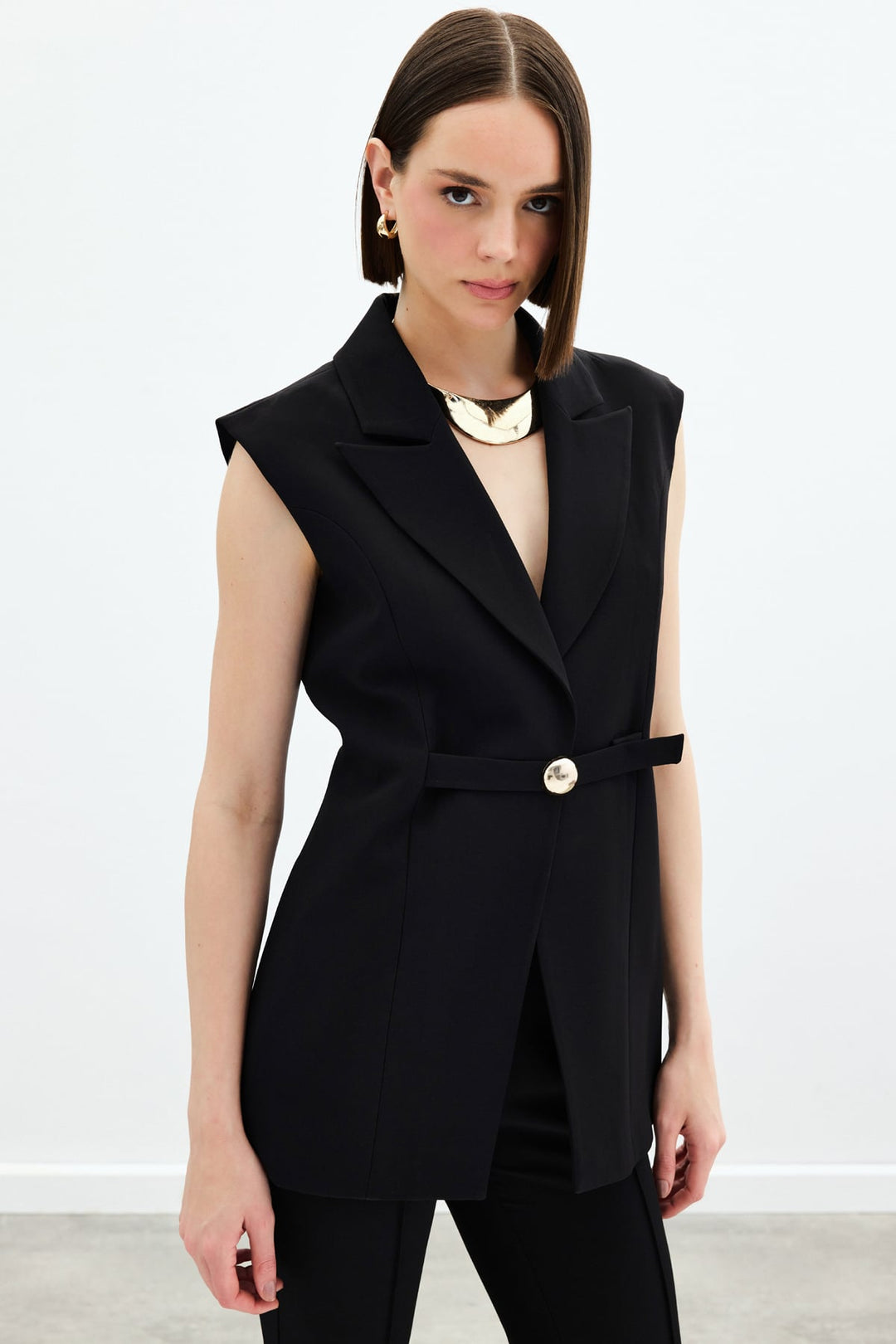 Sateen Gilet Long avec Détails de Boucle - Noir