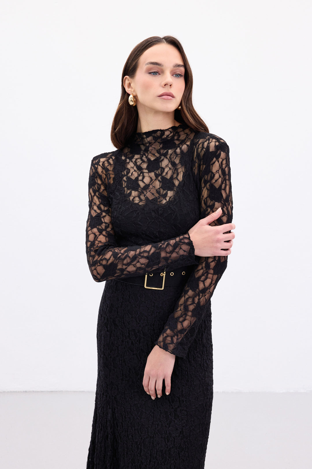 Sateen Blouse Transparente en Dentelle - Noir