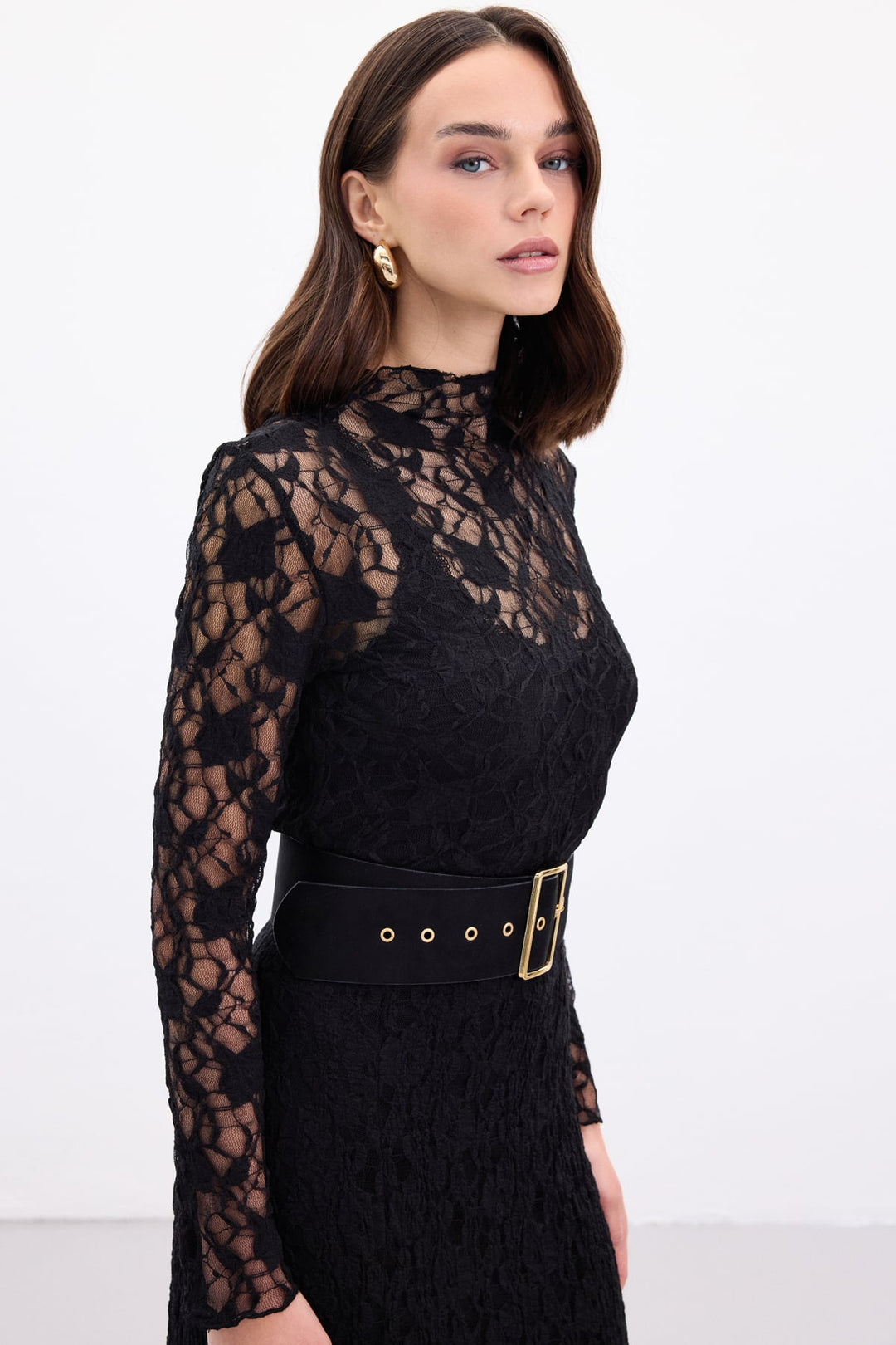 Sateen Blouse Transparente en Dentelle - Noir