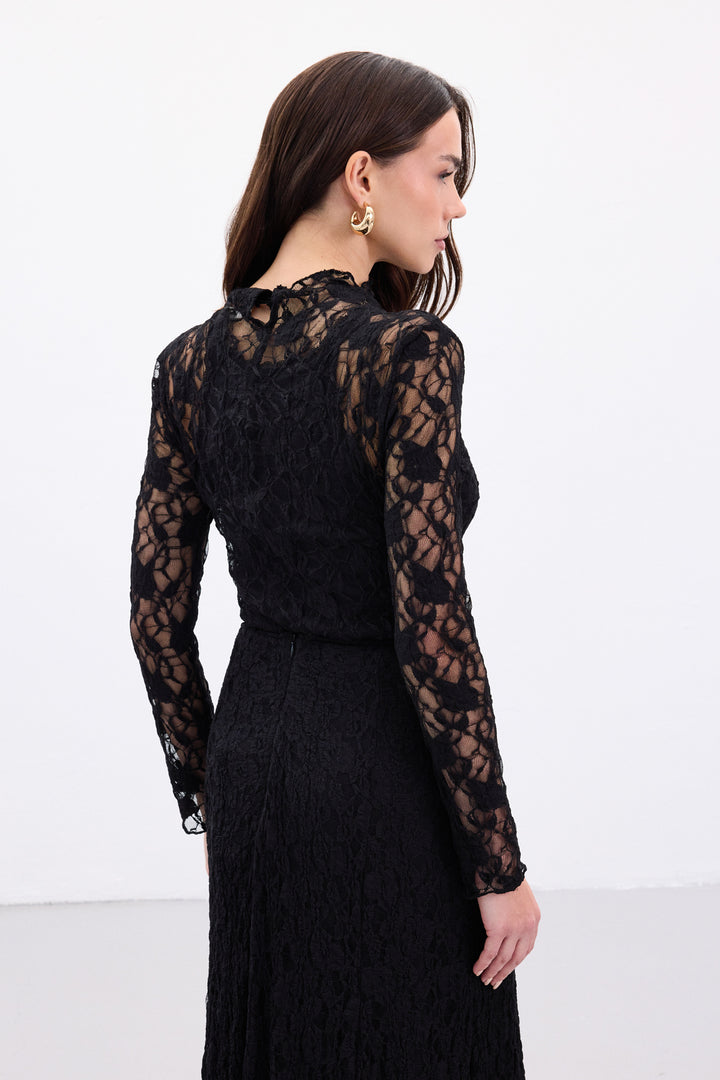 Sateen Blouse Transparente en Dentelle - Noir