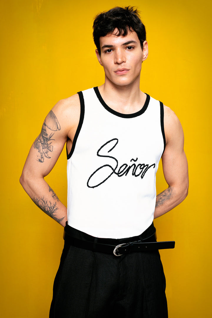 Giesto T-Shirt Blanc Sans Manches en Tricot - Blanc