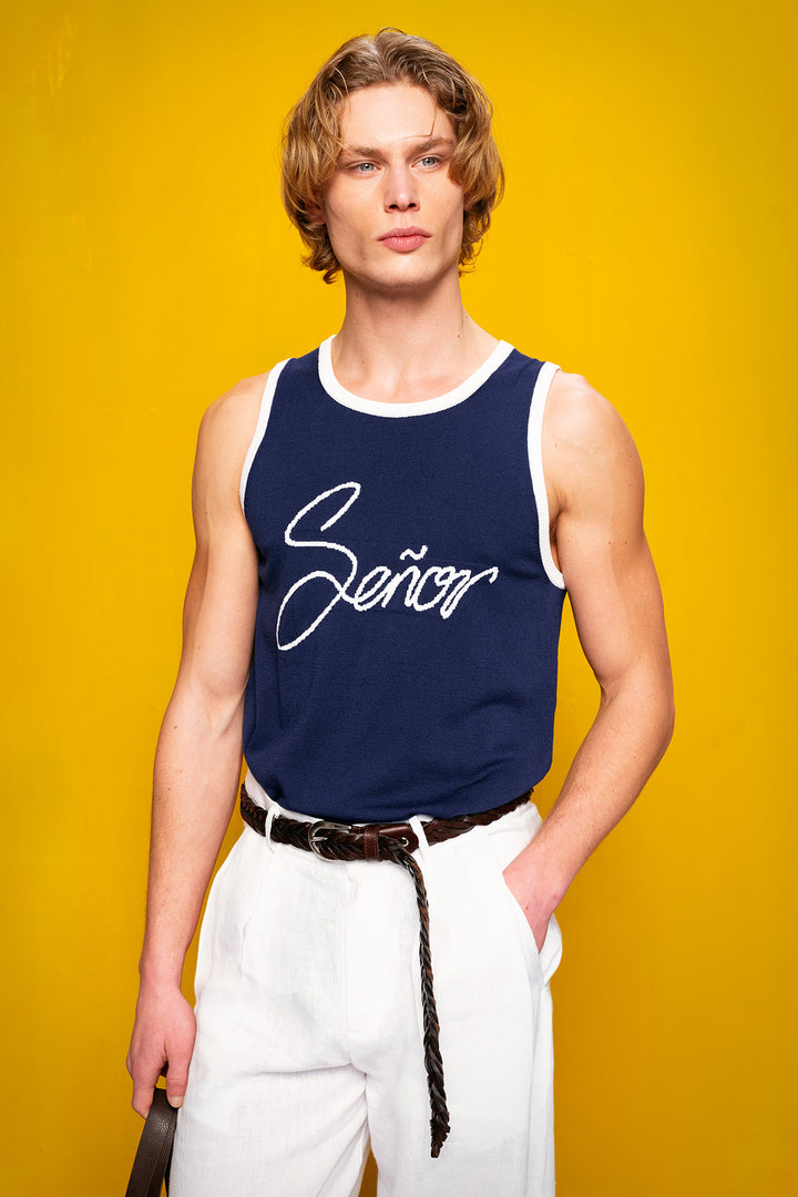 Giesto T-Shirt Bleu Marine Sans Manches en Tricot - Bleu marine