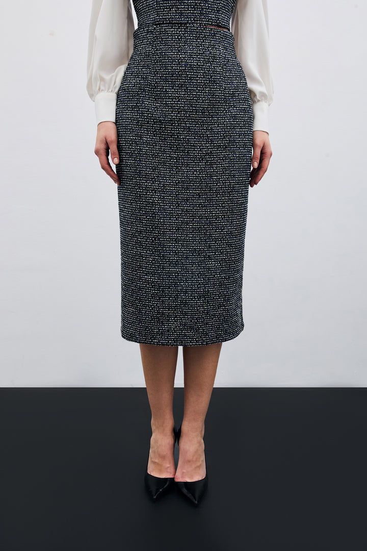 Sateen Jupe Crayon Tweed - sax Bleu
