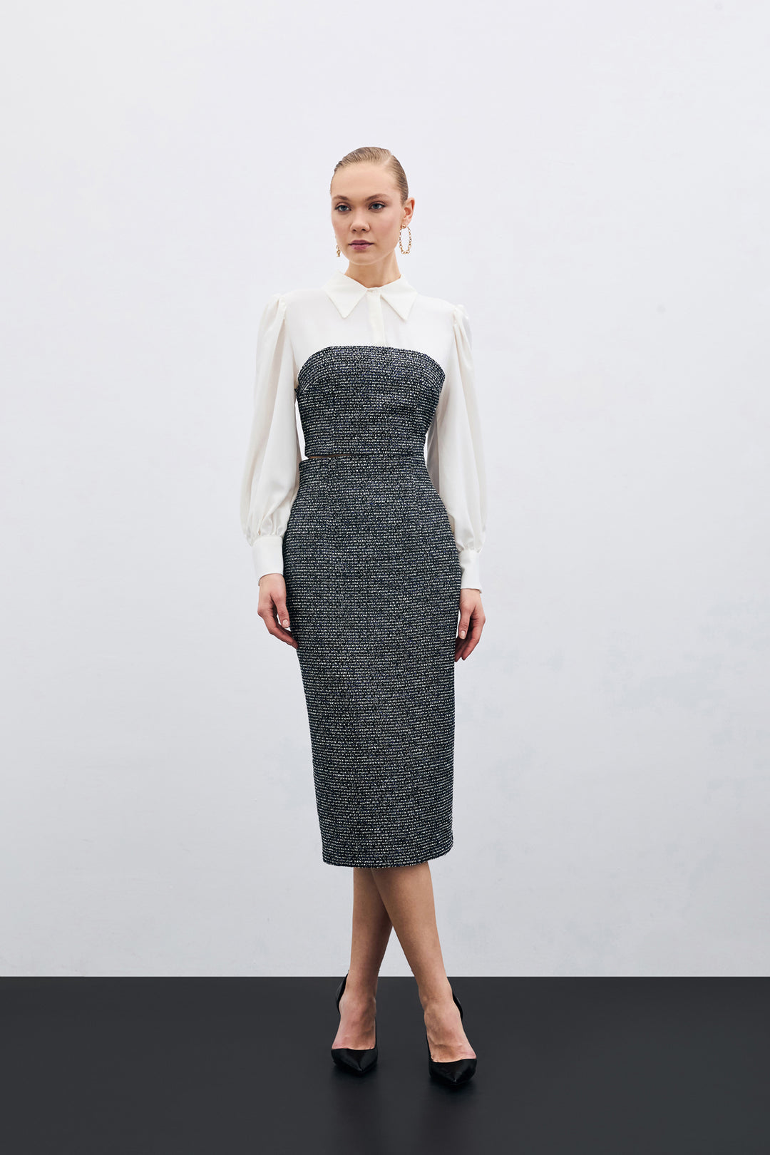 Sateen Jupe Crayon Tweed - sax Bleu
