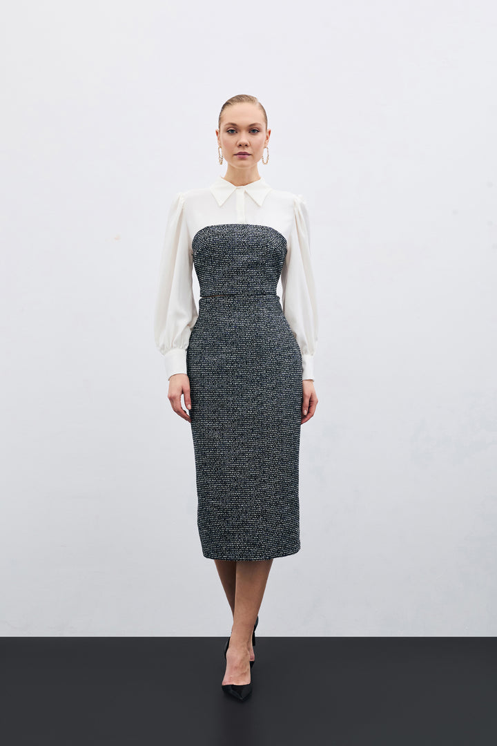 Sateen Jupe Crayon Tweed - sax Bleu