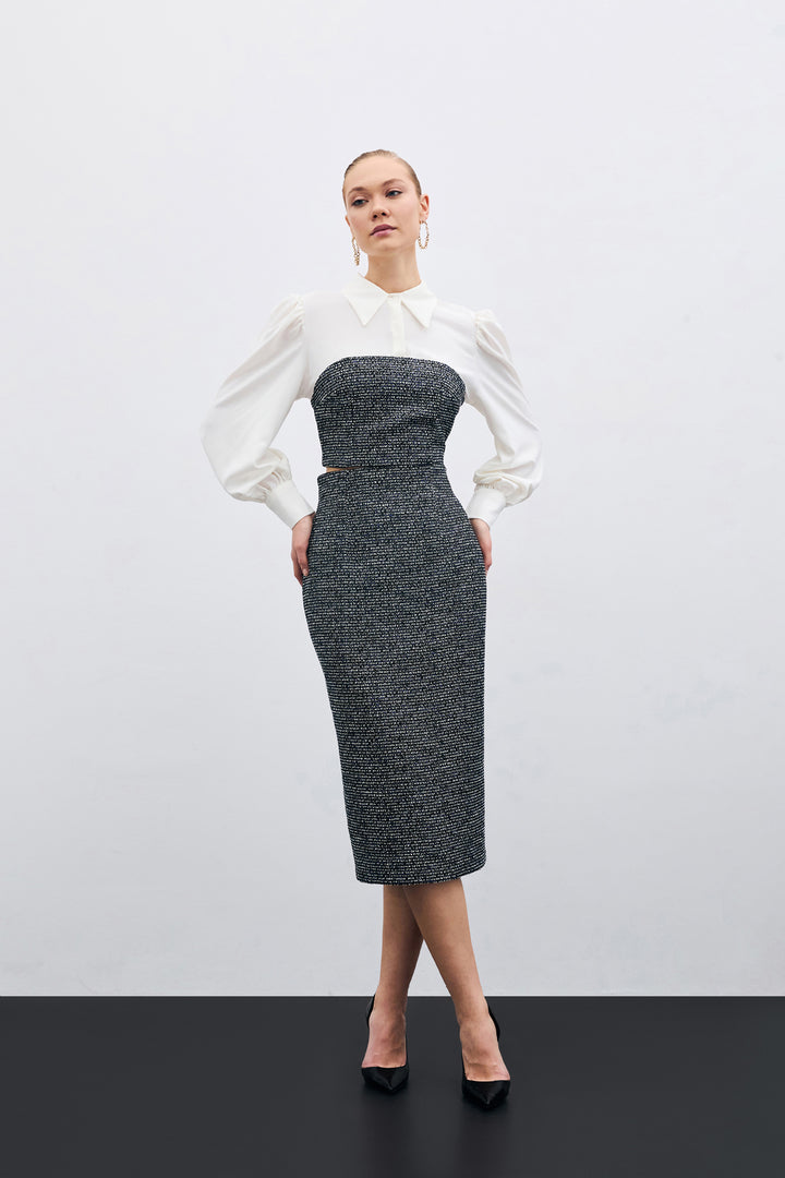 Sateen Jupe Crayon Tweed - sax Bleu