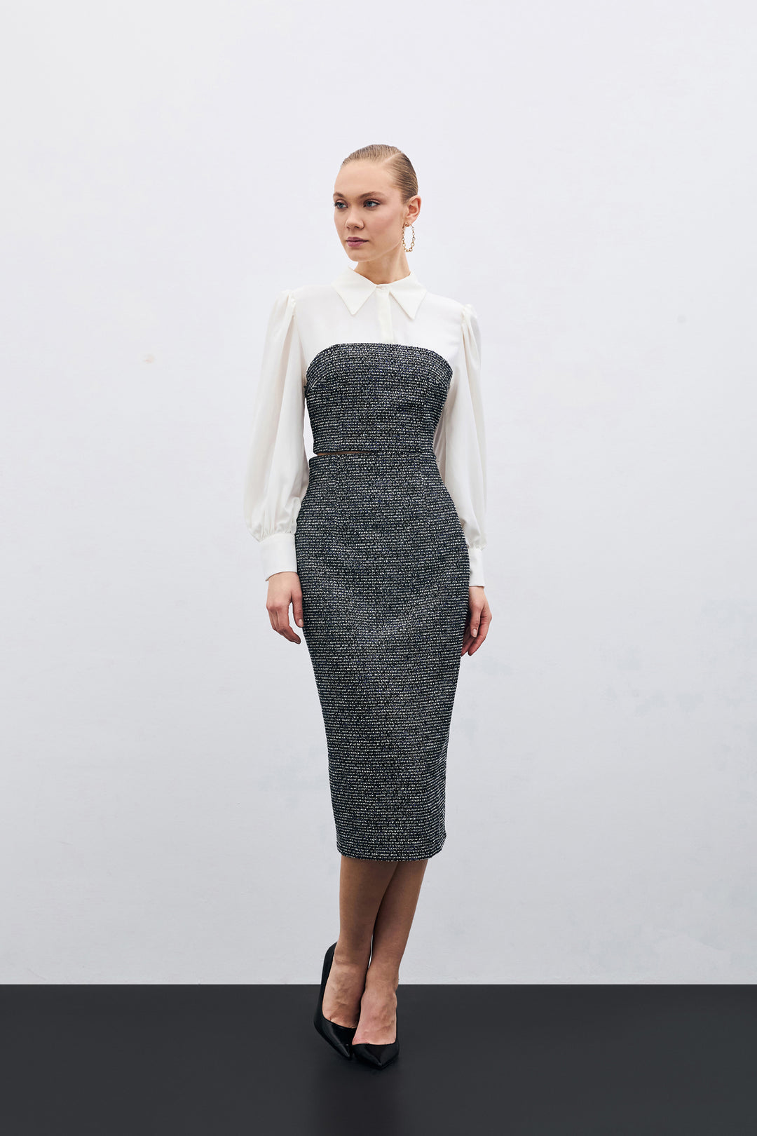 Sateen Jupe Crayon Tweed - sax Bleu