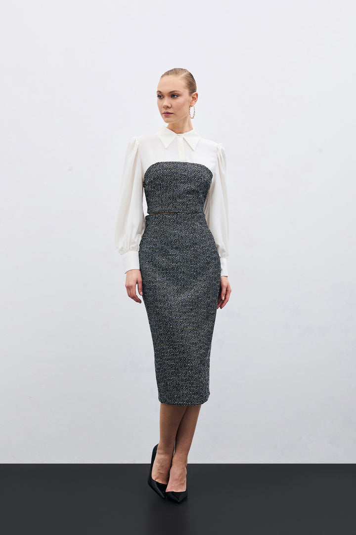 Sateen Jupe Crayon Tweed - sax Bleu
