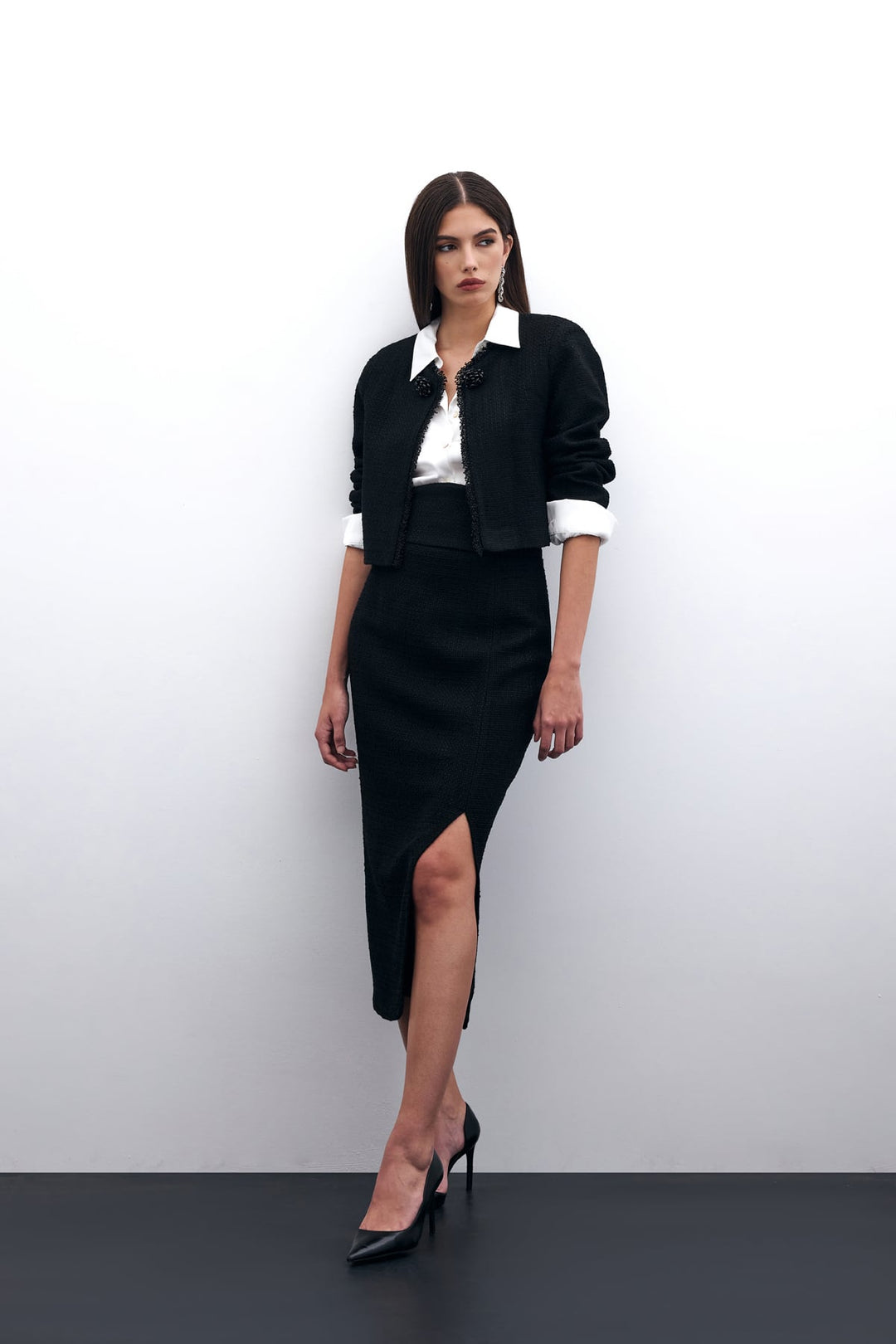 Sateen Jupe crayon en tweed - Noir
